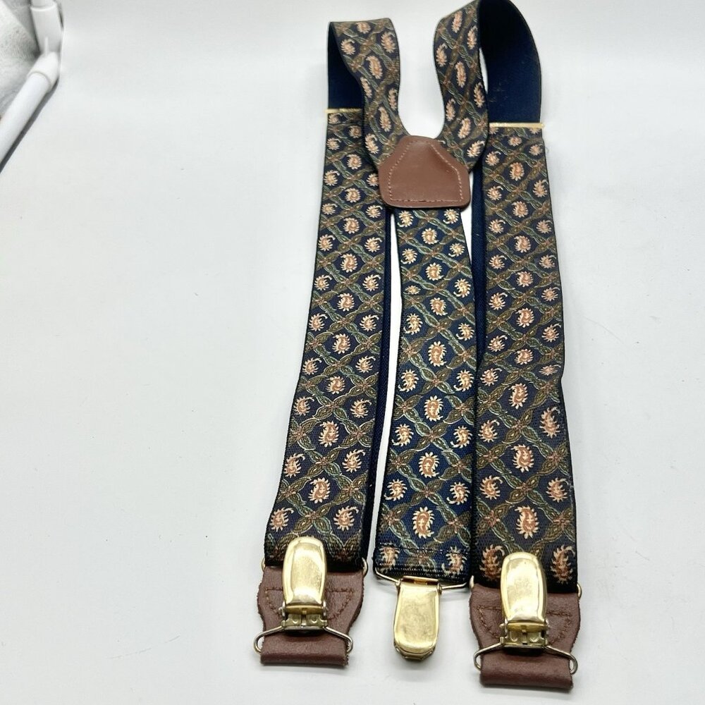 Pelican USA Vintage Patterned Suspenders Navy Paisley Gold Clips Leather Tabs